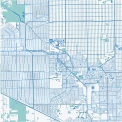 Map of Lehigh Acres in Florida in a professional blue style. Contains layered vector with roads water, parks, etc.