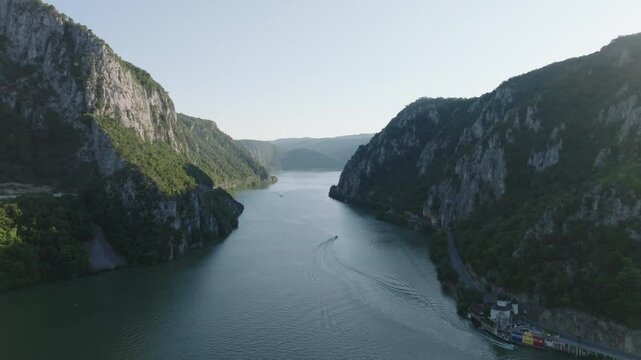 4K Serbia and Romania river border. Serbia on the left. Romanina on the right.