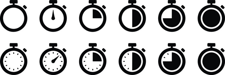 Timer, clock, stopwatch isolated set icons with different time. Countdown timer symbol icon set. Sport clock . Label cooking symbols. Stopwatch signs