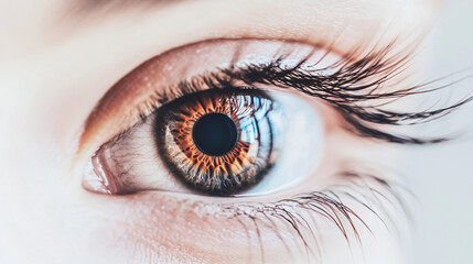 Close up woman eyes. Macro classic volume long eyelash extensions, lamination, correction. Natural beauty or laser vision correction. Skin care, beauty, makeup concept.