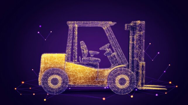 Abstract Wireframe Forklift on Purple Background Industrial Technology and Logistics Concept