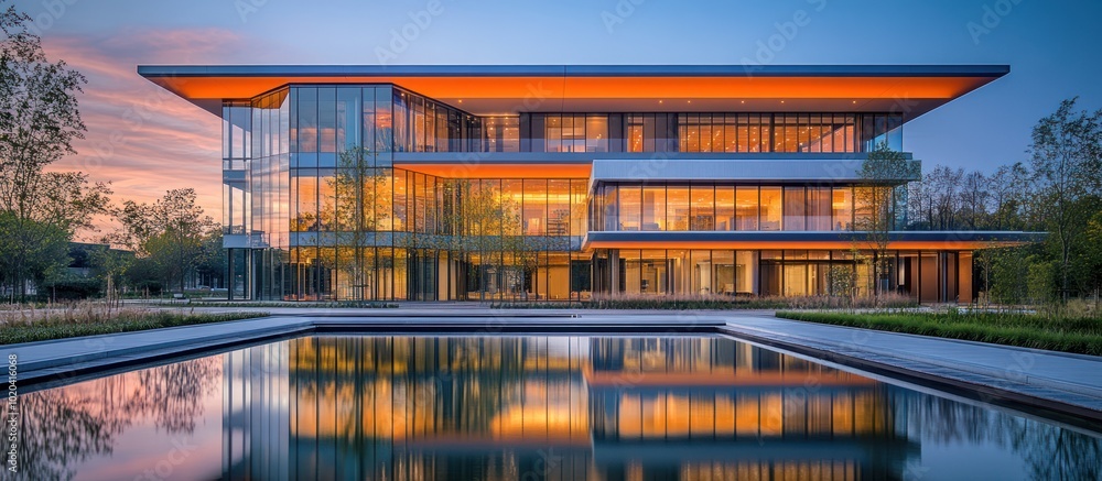 Poster modern office building with a reflecting pool in front of it at sunset.