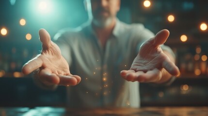 A man extends both hands forward, surrounded by a magical aura, symbolizing wonder, connection, and intrigue in a captivating and imaginative atmosphere.