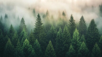 Fototapeta premium Misty Evergreen Forest with Tall Trees