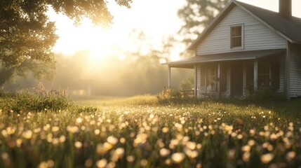 Obraz premium A charming rural house bathes in morning sunlight, surrounded by a field of wildflowers, evoking nostalgia, peace, and the simple beauty of countryside living.