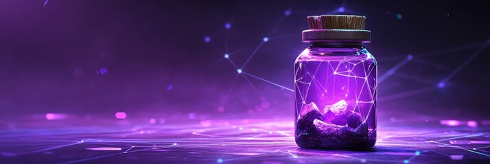 Glowing Purple Potion Jar With Abstract Lines, Connected Dots, and Triangles Depicting Magic