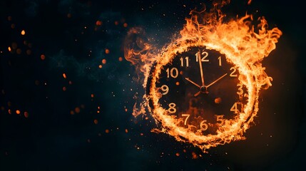 Clock on fire with copy space for a banner template, time is running out burning away concept