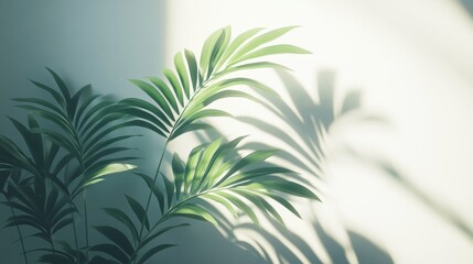 Tropical Palm Leaves Casting Shadows on a White Wall
