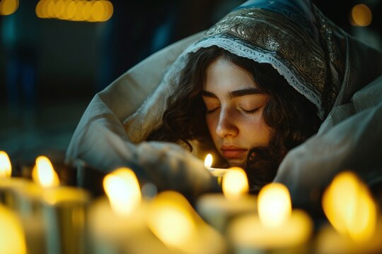 A jewish woman in deep prayer at a synagogue.