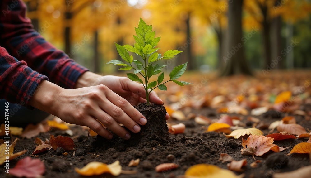 Wall mural person planting a small tree in autumn foliage on a forest floor