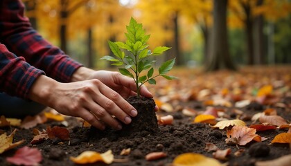 Person planting a small tree in autumn foliage on a forest floor