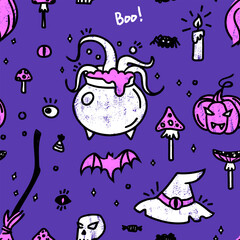 Hand drawn vector seamless pattern. Illustration on the theme of the holiday Halloween. Witch surroundings.