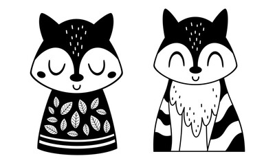 Black and white autumn fox clipart. Fall woodland animal character doodle. Cartoon vector illustration