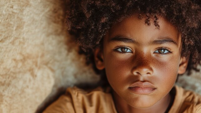 A close-up portrait of a child with freckles and curly hair gives an intense thoughtful gaze, evoking emotions of curiosity and introspection in a warm setting.