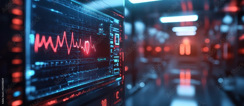 Poster a futuristic digital display showing a heart rate monitor with a red heartbeat.