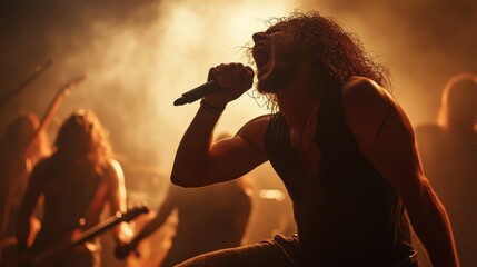 A dynamic rock singer energetically performs with a microphone under dramatic lighting on a smoky stage, evoking intensity and passion in a live concert setting.