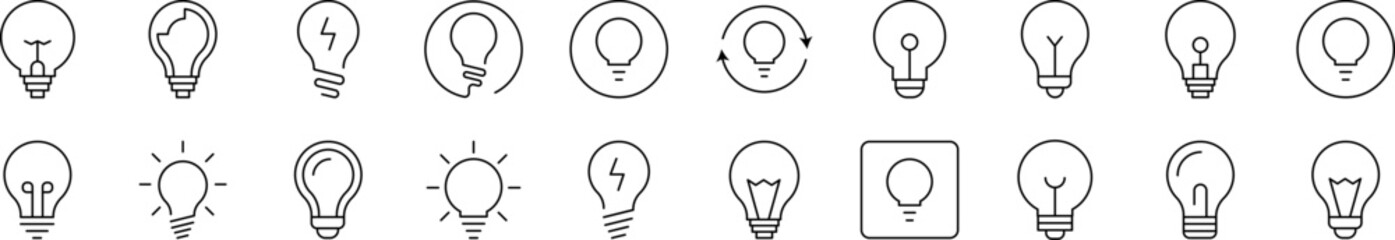 Light Bulb, Lamp Outline Image Collection. Editable Stroke. Perfect for Infographics, Articles, Books, Flyers, Banners