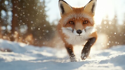 A focused and determined fox swiftly moves through the snow, eyes intent on its destination; the surrounding forest adds an aura of mystery and quiet.