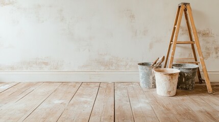 A minimalistic renovation scene features paint buckets, a wooden ladder, and a bare, freshly plastered room, capturing the essence of a home improvement project.