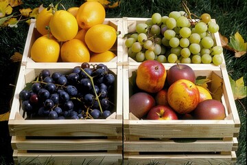 Wooden crates filled with fresh fruits like apples, grapes, and oranges, set outdoors, promoting farm-fresh produce and natural living

