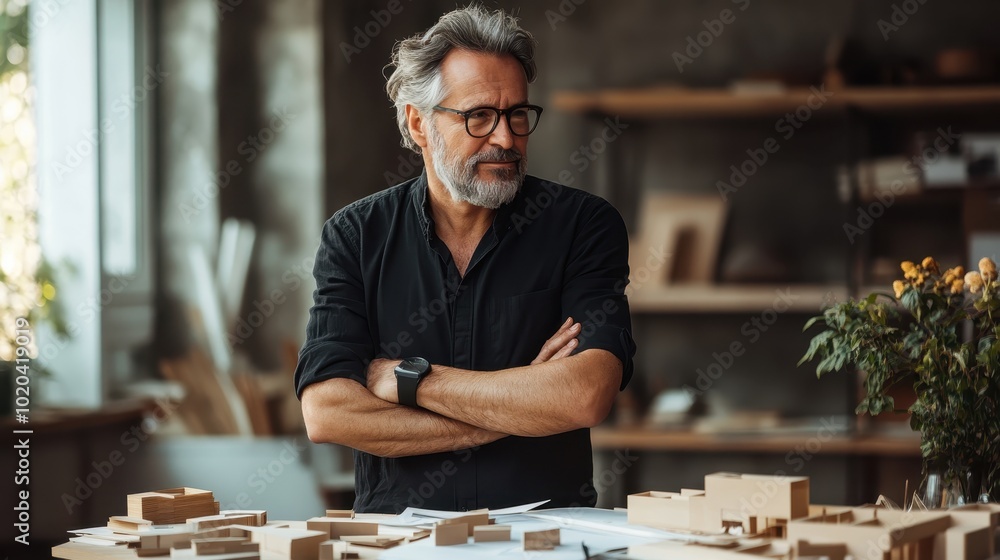 Poster an architect with thoughtful expression stands in a creatively arranged studio, surrounded by model 