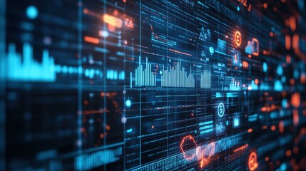Naklejka premium AI, Big Data, and business analytics icons represent the integration of advanced technology in analyzing graphs, business data, and market trends, driving strategic decisions and innovative solutions