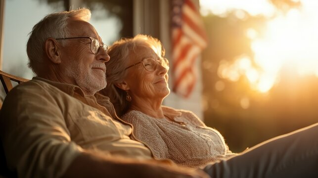 Elderly couple enjoys a peaceful moment together on their porch, basking in the warm glow of a sunset with an American flag visible in the background. - Powered by Adobe