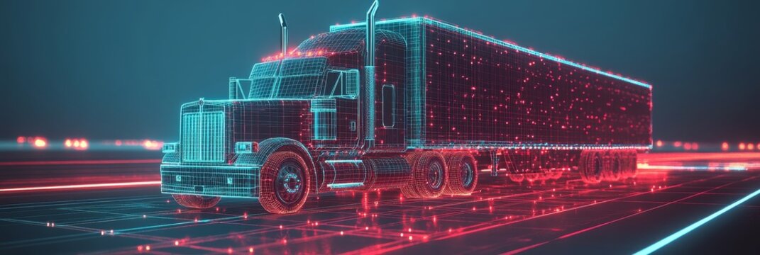 Futuristic Semi-trailer Truck In Digital Space With Neon Grid. Concept Of Logistics And Technology