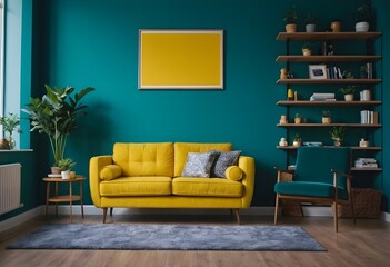 Obraz premium Vibrant yellow sofa and chair near teal wall with poster frame. interior design of modern living room.