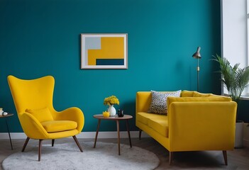 Vibrant yellow sofa and chair near teal wall with poster frame. interior design of modern living room.
