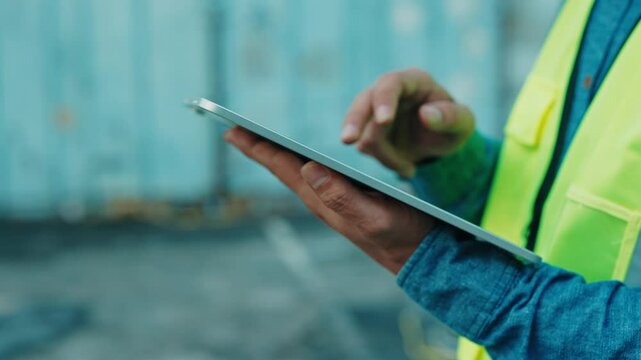 Close-up of a senior logistics manager's hands using a device to digitally record container details. Highlights the expertise and precision in managing logistics operations.