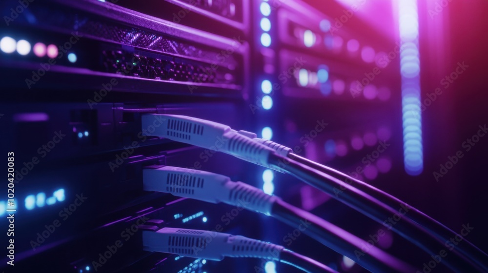 Poster a close-up of fiber optic cables connected to a server, representing the high-speed internet and net