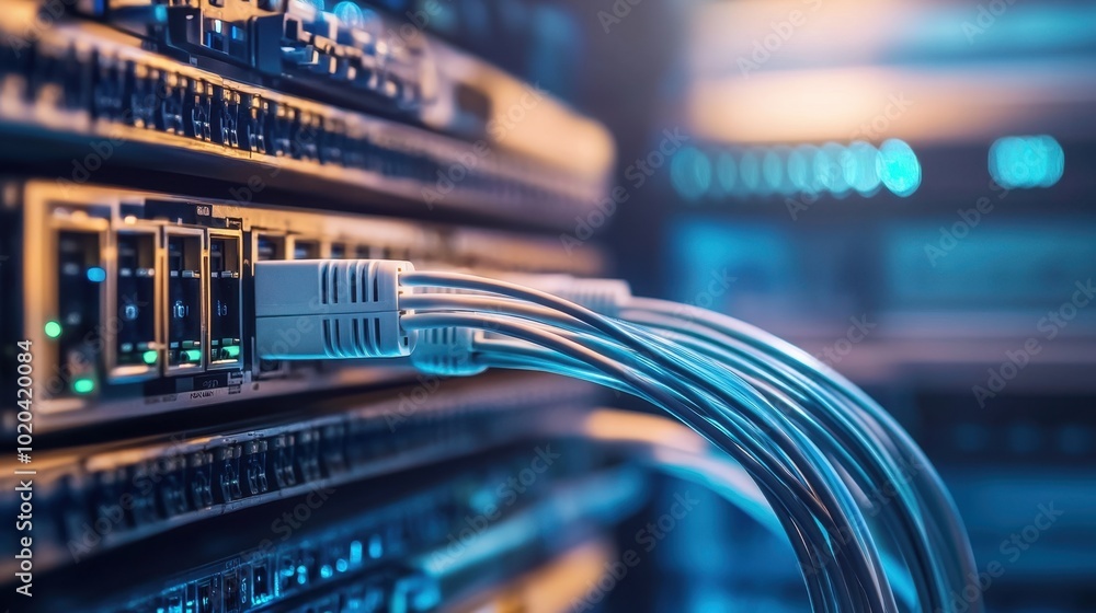 Poster a close-up of fiber optic cables connected to a server, representing the high-speed internet and net