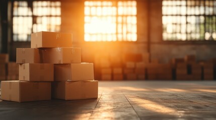 Obraz premium A warehouse scene where stacked parcels bathed in golden sunlight create a vibrant atmosphere, showcasing the essence of shipping and storing goods efficiently.