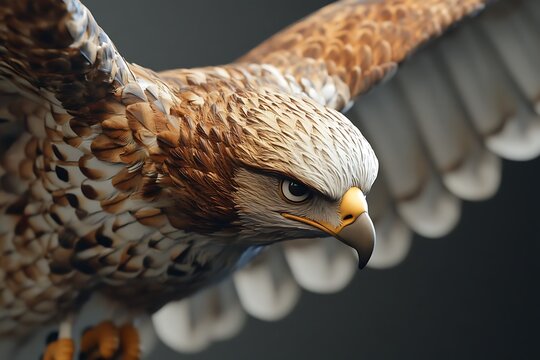 A detailed depiction of a soaring hawk showcasing its feathers and fierce expression.