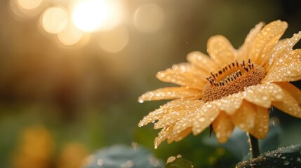 A close-up of a sunflower drenched in dewdrops, glistening in the morning light, capturing the essence of freshness and renewal in a warm, inviting atmosphere.