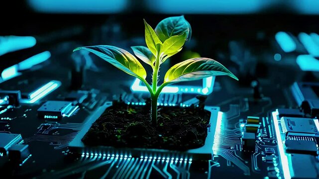 A single green plant growing on a dark blue circuit board with neon blue lights.
