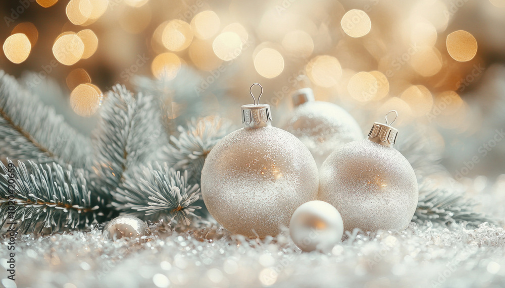 Poster christmas card with white ornaments and pine branches on a sparkling background with bokeh