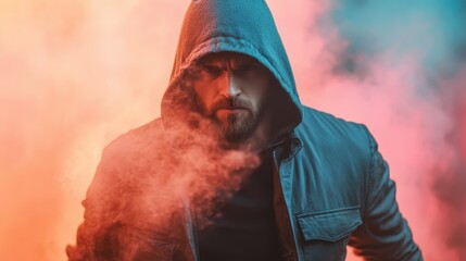 A hooded man stands amid swirling colorful smoke, exuding intensity and mystery, his stance and expression capturing a powerful moment of action and determination.