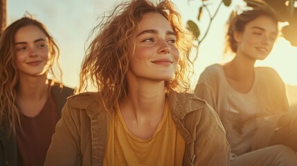 Fototapeta premium Three young women, smiling and relaxed, sit outdoors in natural lighting, highlighting freckles and carefree expressions, embodying the joy of outdoor gatherings.