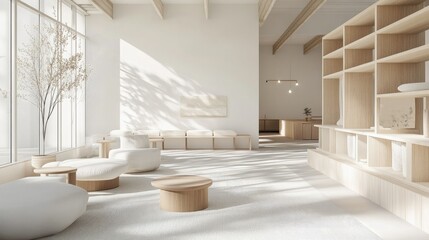 Fototapeta premium Clean and minimalist Japan-style interior with neutral-toned seating, light wood shelving, and soft decor details on a bright white background, ideal for modern design themes.