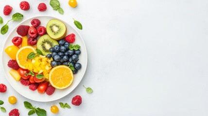 A vibrant plate of fresh fruits and vegetables sits on a clean white table