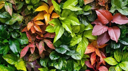 Close-up of a lush vertical garden wall, featuring vibrant green leaves and splashes of red and yellow foliage.