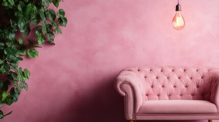 Obraz premium A vintage pink sofa set against a pink wall, accompanied by lush green plants and warm, soft lighting, providing a cozy and nostalgic atmosphere for relaxation.