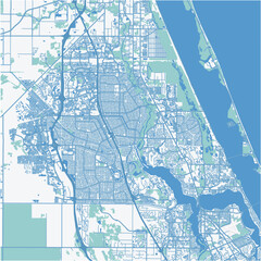 Map of Port St. Lucie in Florida in a professional blue style. Contains layered vector with roads water, parks, etc.