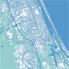 Map of Port Orange in Florida in a professional blue style. Contains layered vector with roads water, parks, etc.