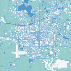 Map of Tallahassee in Florida in a professional blue style. Contains layered vector with roads water, parks, etc.