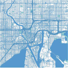 Map of Tampa in Florida in a professional blue style. Contains layered vector with roads water, parks, etc.