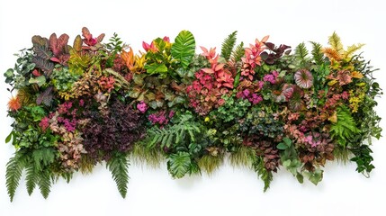 Colorful vertical garden with an array of plants, from ferns to flowering vines, against a white background.