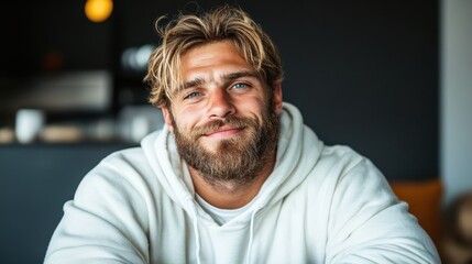 Obraz premium A bearded man with a warm smile, wearing a white hoodie. He's sitting indoors, enjoying a relaxed moment with a serene and cheerful expression.